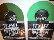 Image of  Revenge/Hate your Guts "watch the world burn" split on 7" limited color vinyl.     