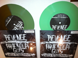 Image of  Revenge/Hate your Guts "watch the world burn" split on 7" limited color vinyl.     