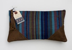 Image of -- S O L D -- OOAK-- woven stripe clutch with leather corners + tassel detail