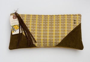 Image of -- S O L D -- OOAK-- mustard + brown print clutch with brown leather corners + tassel detail