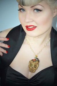 Image of Mexican Sugar Skull Day of the Dead Wooden Skull Necklace on Cream Rosary Style Beads Rockabilly 
