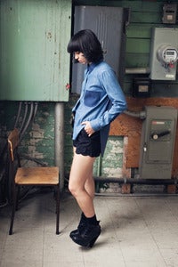 Image of Long Sleeve Denim Colour Block Shirt w/ Jersey Back - Blue
