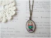 Image of Antique Brass Babushka Matryoshka Necklace with Bar Chain - Red, Green & Purple