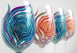 Image of Yin and Yang Peacock Feathers-Set of 2 Glasses in Amethyst & Sapphire and Neon Peacock Feathers