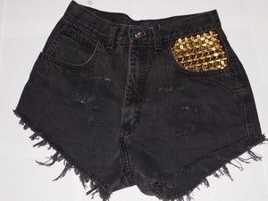 Image of Distressed Black High Waisted Shorts With Studded Pocket