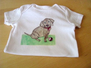 Image of Puppy with Ball by Purple Snapdragons. One Piece Bodysuit for Baby Boy or Girl 