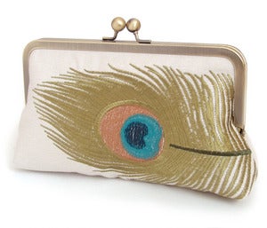 Image of Peacock feather linen clutch bag