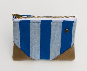 Image of -S O L D- 20% OFF! a small blue-on-blue striped zipper pouch with leather corners and a METAL zipper