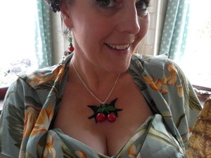 Image of Black Kissing Doves Swallows Birds with Juicy Red Large Cherry Pendant Necklace Rockabilly Cherries