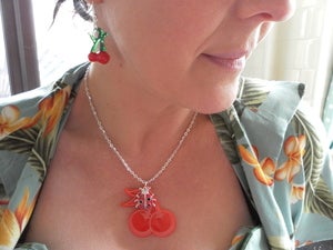 Image of Juicy Cherry and Ladybird Ladybug Necklace Kitsch Retro Rockabilly 