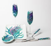 Image of Personalized Peacock Feather Wedding Toast and Cake Serving 6-Piece Customized Collection
