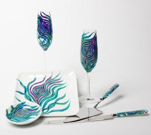 Image of Personalized Peacock Feather Wedding Toast and Cake Serving 6-Piece Customized Collection