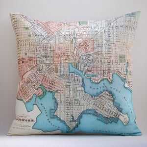 Image of Vintage BALTIMORE, MD Map Pillow, Made to Order 18" x18" Cover