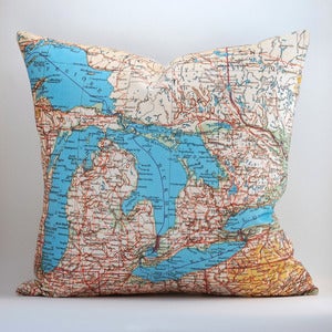 Image of Vintage MICHIGAN Map Pillow, Made to Order 18" x18" Cover