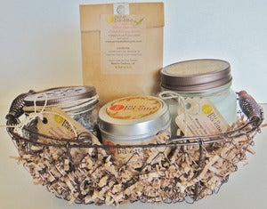 Image of Aromatherapy Spa Gift Set: Massage Soy Candle, Tin Soy Candle, Citrus Lavender Sachet, Car Freshener
