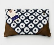 Image of --S OL D O U T--navy +white ikat dots clutch with leather corners