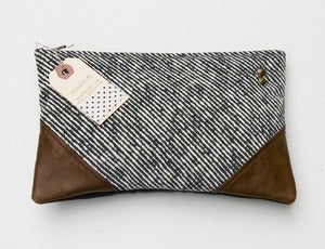Image of -SOLD OUT- black + white diagonal stripe clutch with leather corners