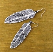 Image of Screen Printed Leather Earrings-Black and Silver Feather