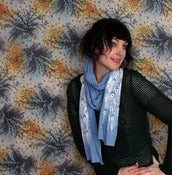 Image of  Screen Printed Jersey Scarf in Heather Blue with White Peacock Feather Print