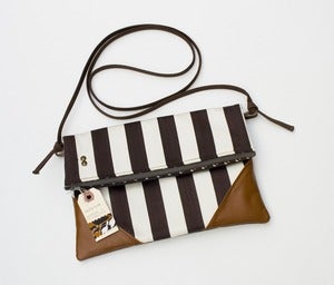 Image of - SOLD OUT- a foldover clutch in chocolate + vanilla stripe with a removable strap!