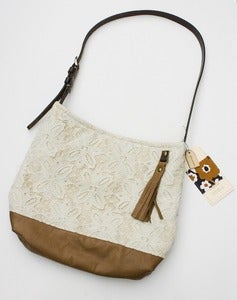 Image of --S O L D-- vintage lace + leather two-tone shoulder bag (a)