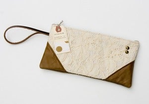 Image of -SOLD OUT- vintage lace wristlet with brown leather corners