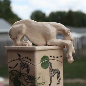 Image of Tall sleeping Greyhound Whippet memory box with green polka dots