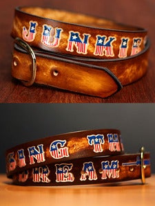 Image of 1 1/2" Personalized Name Leather Belt with American Flag Letters