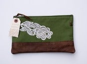 Image of --S O L D-- ONE OF A KIND! zip clutch with vintage lace applique and leather bottom (a)