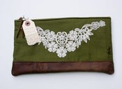 Image of --S O L D-- ONE OF A KIND! zip clutch with vintage lace applique and leather bottom (b)