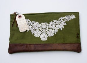 Image of --S O L D-- ONE OF A KIND! zip clutch with vintage lace applique and leather bottom (b)