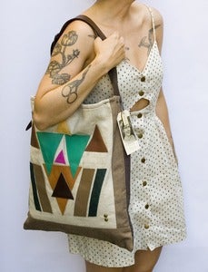 Image of --S O L D-- large shoulder bag with hand cut geometric leather appliques (b)
