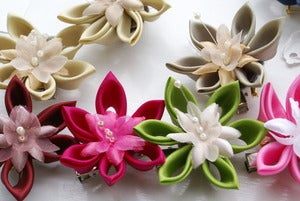 Image of Small Kanzashi Hair Flowers / Hair Clips / Brooches -Pointed Petals - Choose your own colour
