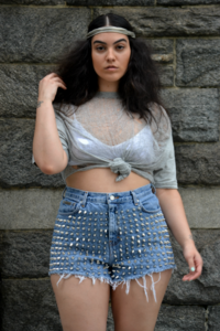 Image of Front Cone Studded Shorts (photo courtesy of Nadia Aboulhosn)