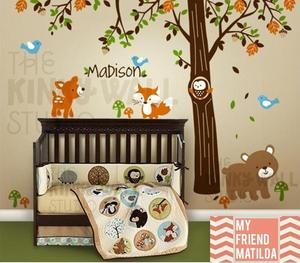 Image of Children Wall Decal Vinyl Wall Sticker tree decal - Forest Friends with custom name - KK116
