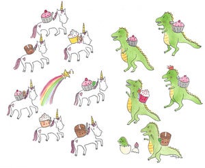 Image of PRINT: 8x10 Battle Royale between Cupcakes Riding Unicorns and T-Rexes