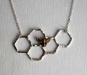 Image of Honeycomb Necklace with a Perched Bee - Handmade Necklace