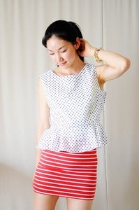 Image of Black Polk-a-dot Peplum Top with Neon Piping