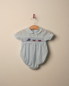 Image of SALE c. 1980s train smocked button detail romper