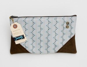 Image of - S O L D - a large zipper clutch in vintage zigzag print with leather corners