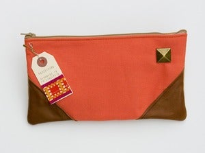 Image of - S O L D- a large zipper clutch in neon coral with leather corners