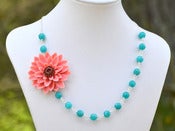 Image of Large Coral Flower and Teal Jade Beaded Asymmetrical Statement Necklace - NA045