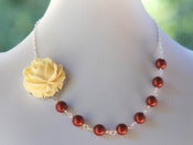 Image of Ivory Rose and Burgundy Pearl Beaded Necklace - NA053