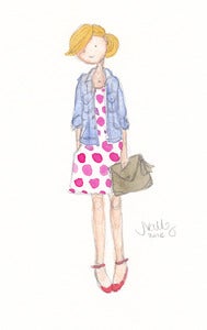 Image of Pink Polka Dot Dress & Olive Clutch - Watercolor