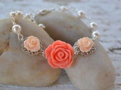 Image of Bright Coral and Peach Rose Bracelet with White Swarovski Pearls - BF001