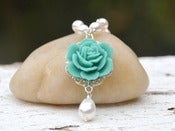 Image of Turquoise Rose and White Swarovski Pearl Teardrop Necklace - NC001