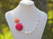 Image of Fuchsia Rose and Coral Rose Asymmetrical Necklace with White Beaded Swarovski Pearls - NA004