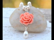 Image of Coral Orange Rose and White Swarovski Pearl Teardrop Necklace - NC003