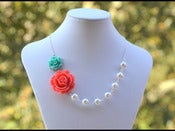 Image of Coral and Turquoise Rose Asymmetrical White Swarovski Pearl Necklace - NA008