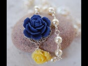 Image of Navy Blue and Yellow Rose Asymmetrical Necklace with Ivory Swarovski Pearls - NA011